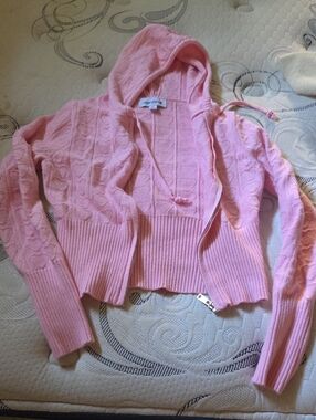 Cable-Knit Pink Hooded Zip Cardigan Sweater - Unbranded